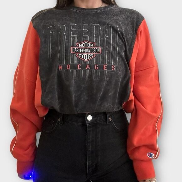 Reworked Upcycled Harley-Davidson Orange Cropped Casual Two Tone Sweatshirt - Picture 3 of 5